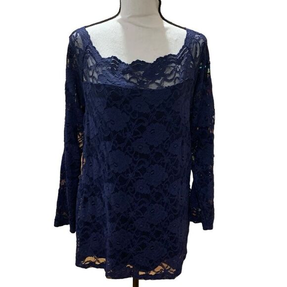 Torrid Lace L/S Top Off-Shoulder Partly Lined Scalloped Neck Navy Blue Sz 2 (2X) - Picture 5 of 9